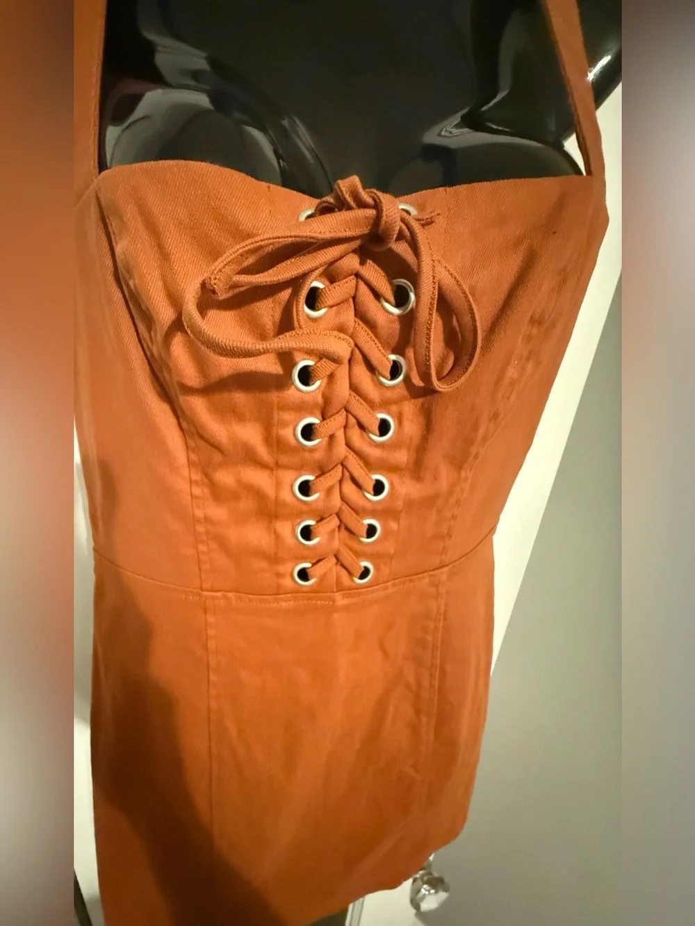 Tularosa Janis Rust Orange Cotton Blend Lace Up Corset Mini Dress Sz XS